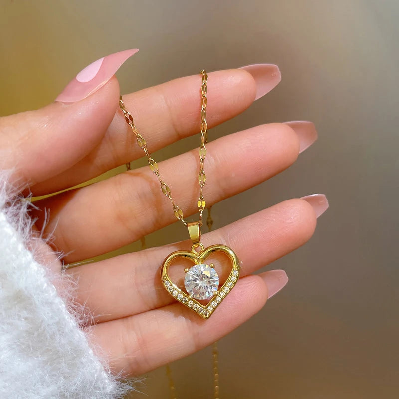 Heart Pendant Necklace | Gold Plated Crystal Chain | Everyday Women's Jewelry