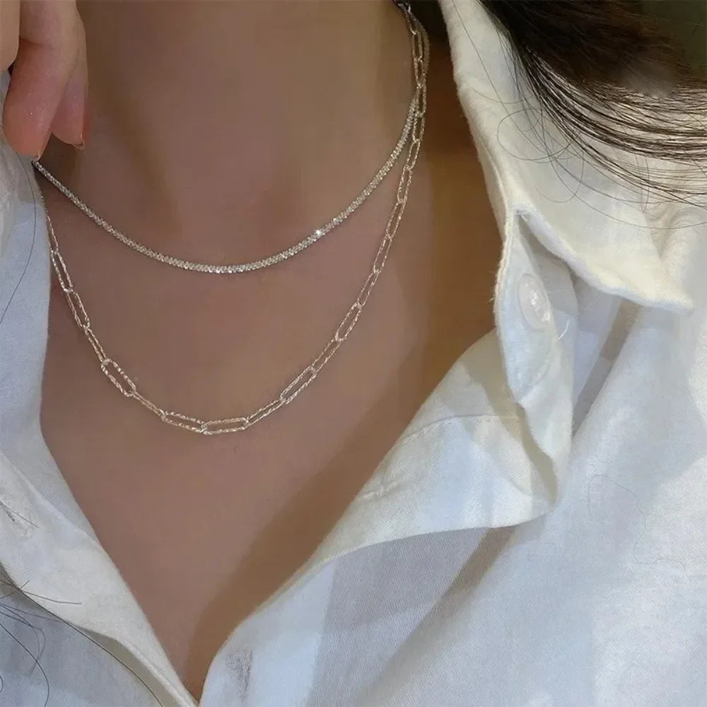 Elegant Double Layer Silver Necklace for Women – Minimalist Sparkling Chain Jewelry